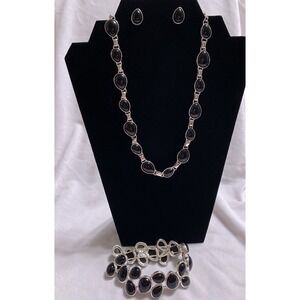 Napier Bracelet Necklace Earrings Set Black Silver Tone Pierced Stud Signed 18"